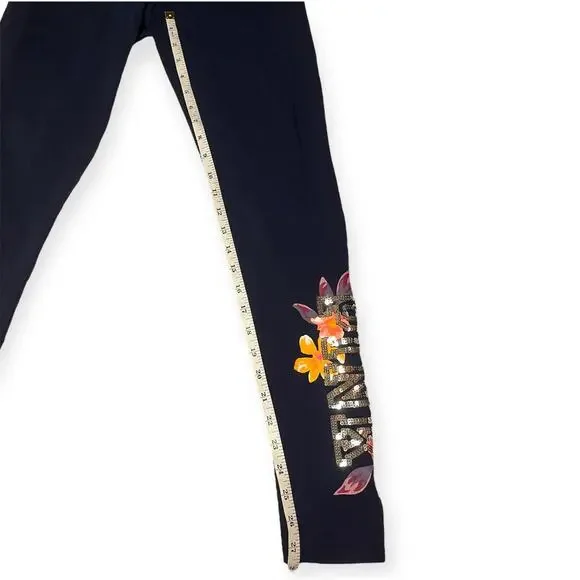NWOT PINK Bling Sequin Floral Yoga Leggings Navy Blue Cotton Comfy Size Small - Picture 7 of 8